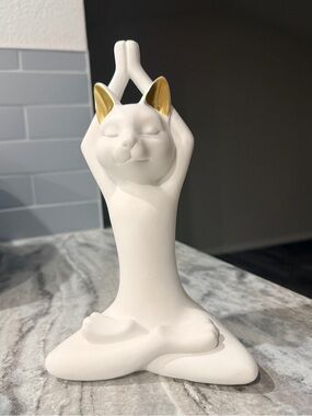 White/Gold Ears Yoga Arms Cat Figurine